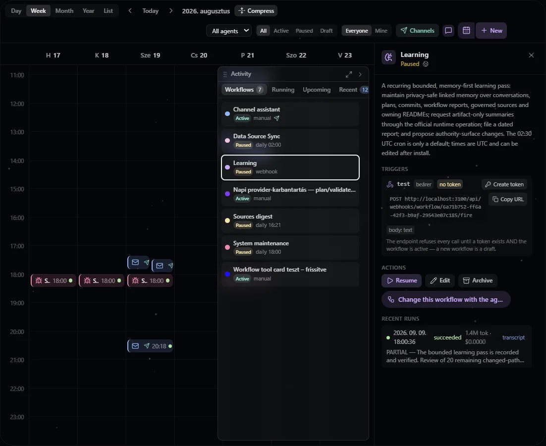 Calendar with scheduled workflow events, activity and channel controls