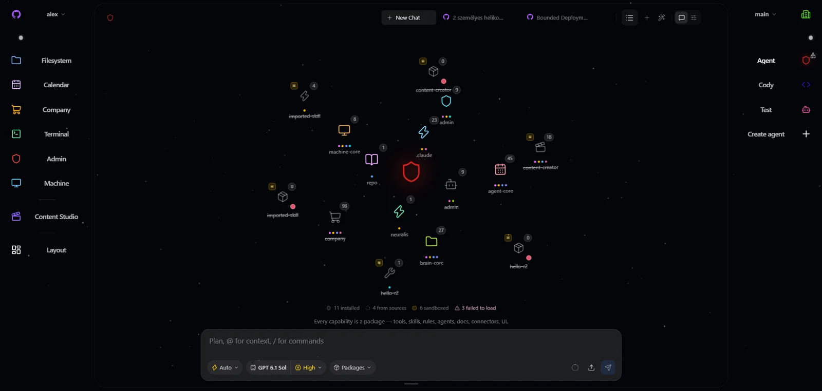 A configured workspace showing the Package Constellation and its package contributions