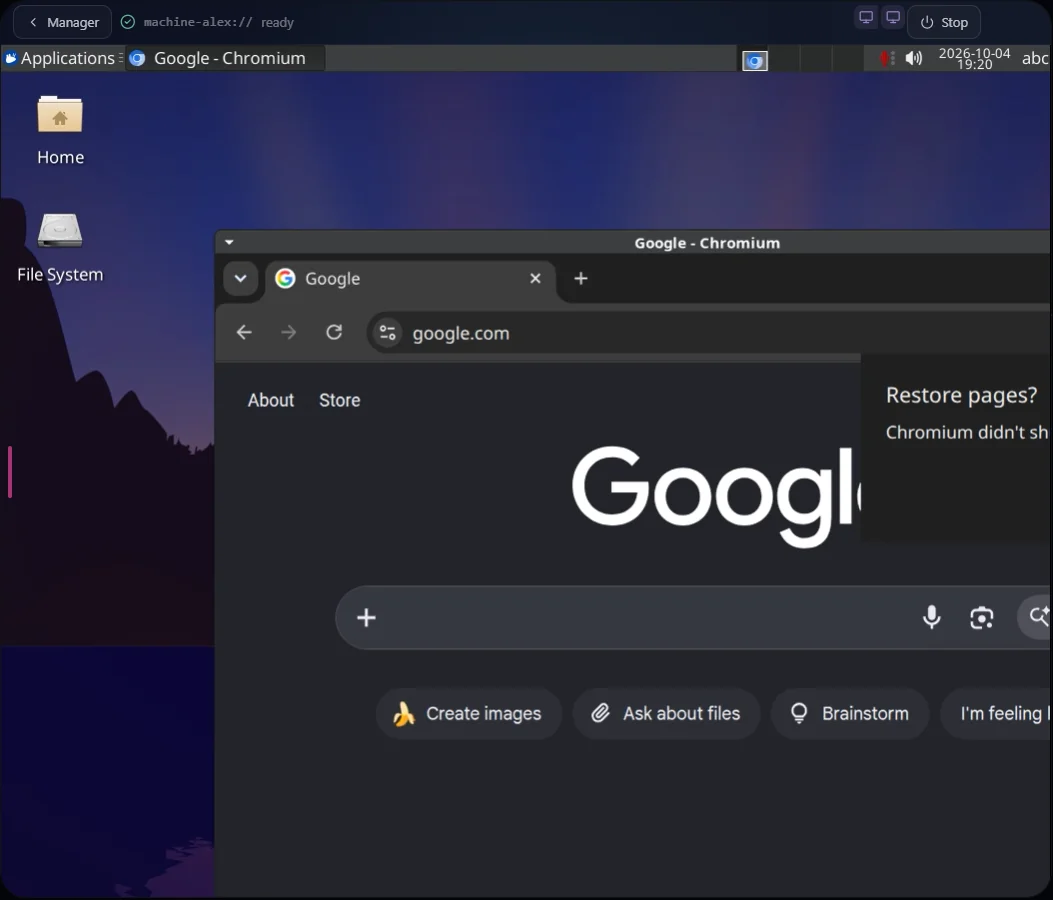 The complete Machine application displaying a Linux desktop and Chromium browser