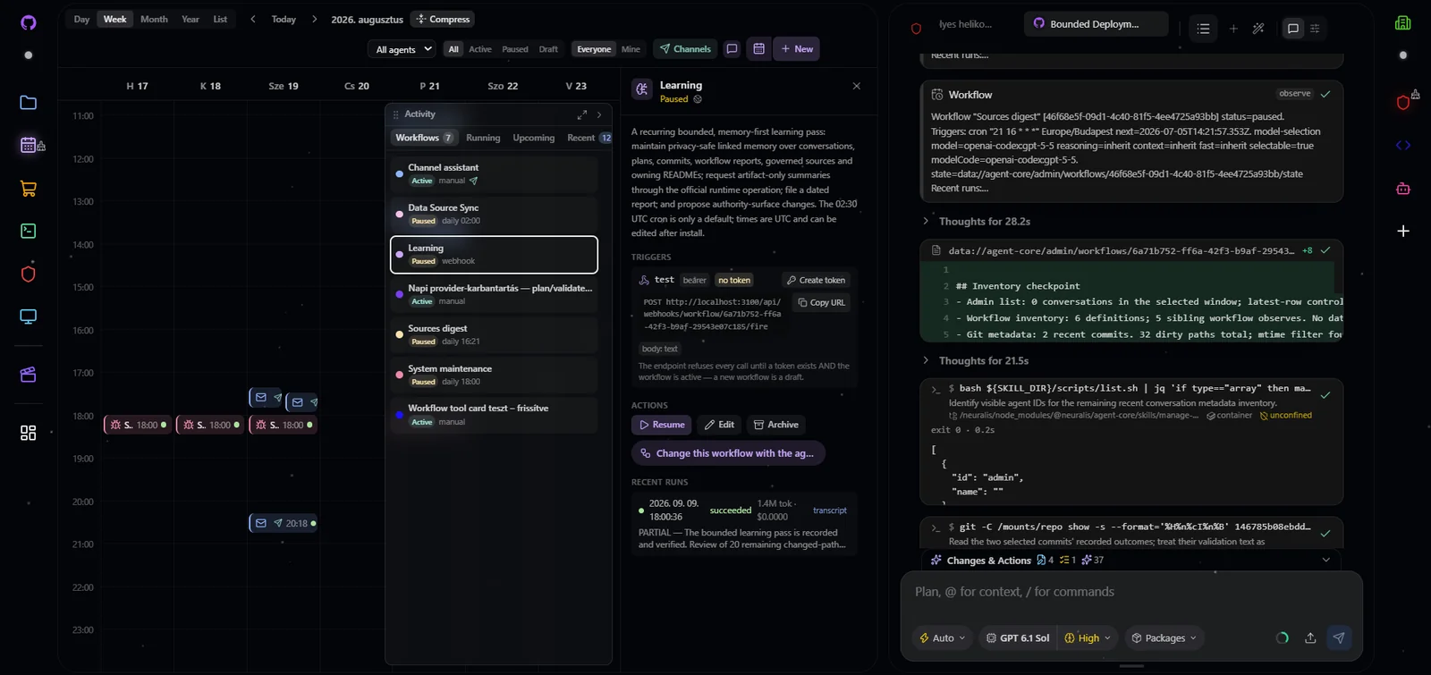 A configured Neuralis workspace with Calendar and Chat open