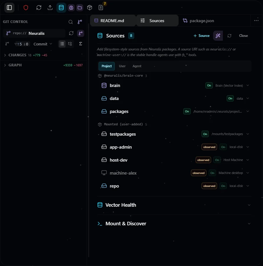 The Files application with its source tree and Sources controls